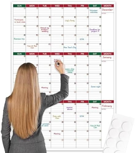 Dry Erase Calendar for Wall - Undated 3 Month Calendar, 28'' x 40'', Erasable & Reusable Laminated Dry Erase Wall Calendar with 10 Round Stickers, Vertical Layout for Home/School/Office