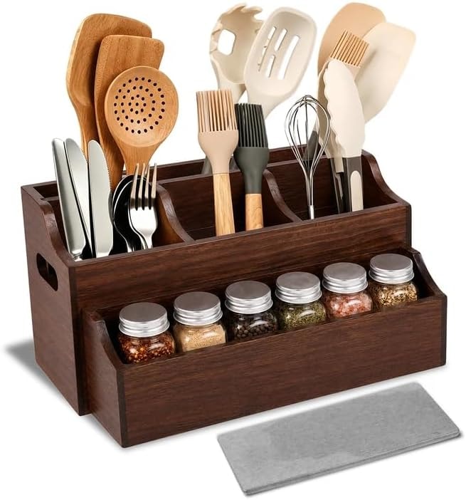 Kitchen Utensil Holder for Countertop, Large Wooden Utensil Organizer