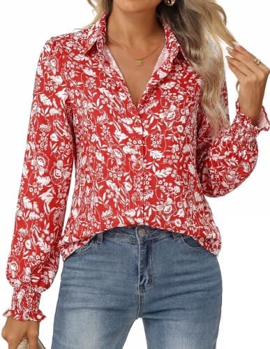 GRACE KARIN Women's Fall Boho Floral Button Down Dressy Blouses Red XXL