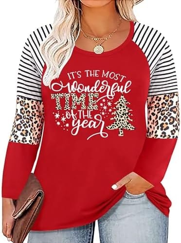 Plus Size Merry Christmas Shirts Women Xmas Buffalo Plaid Tree Shirt Long Oversized Graphic Tees Xmas Tops (Red,XL)