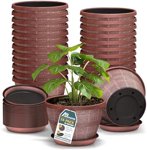 10-Inch Whiskey Barrel Planters Outdoor Pack of 25 - Durable Plastic Plant Pots for Indoor & Outdoor Use with Drainage & Saucer, Lightweight Rustic Barrel Planters for Flowers, Herbs & Small Plants