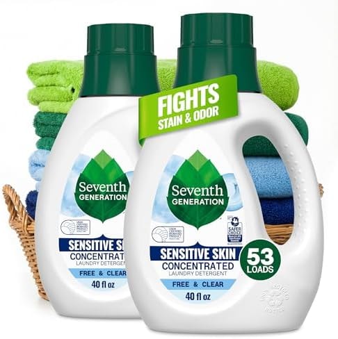 Seventh Generation Concentrated Free & Clear Laundry Detergent, 40 oz, Pack of 2, No Dyes or Fragrance, Sensitive Skin Liquid Laundry Soap Targets Stains and Everyday Messes With Biobased Formula