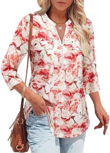 Bulotus 3/4 Length Sleeve Womens Tops Zipper Long Loose Tunics with Leggings Crew Neck Business Casual Dressy Blouses Pink Floral X-Large