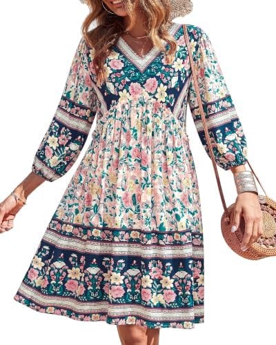 BTFBM Women's Casual Floral Long Sleeve Mini Dress,Floral White,L