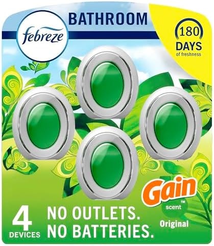 Febreze Bathroom Air Freshener, Odor-Fighting, Plug in Alternative, White, Air Fresheners for Small Spaces in Home, Bathroom, Kitchen, & Closet, Pet & Litter Box Odor Fighter, Gain Original Scent, 4ct