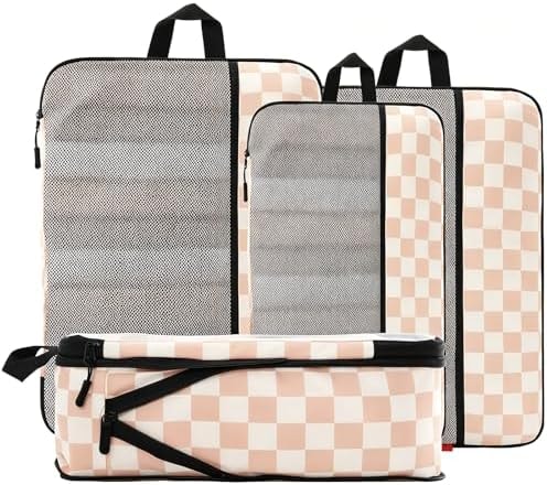 U+U 4 Set Compression Packing Cubes, Travel Organizers (Khaki Checkered)