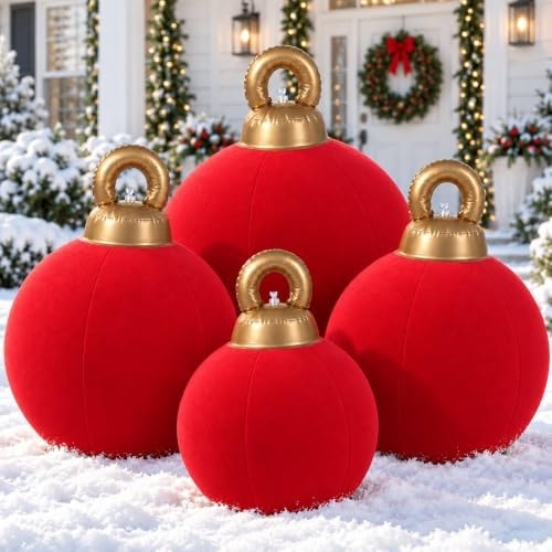 Rovzup 4Pcs Velvet Christmas Inflatable Balls Ornament Flocked Xmas PVC Inflatable Flocked Ball Ornaments