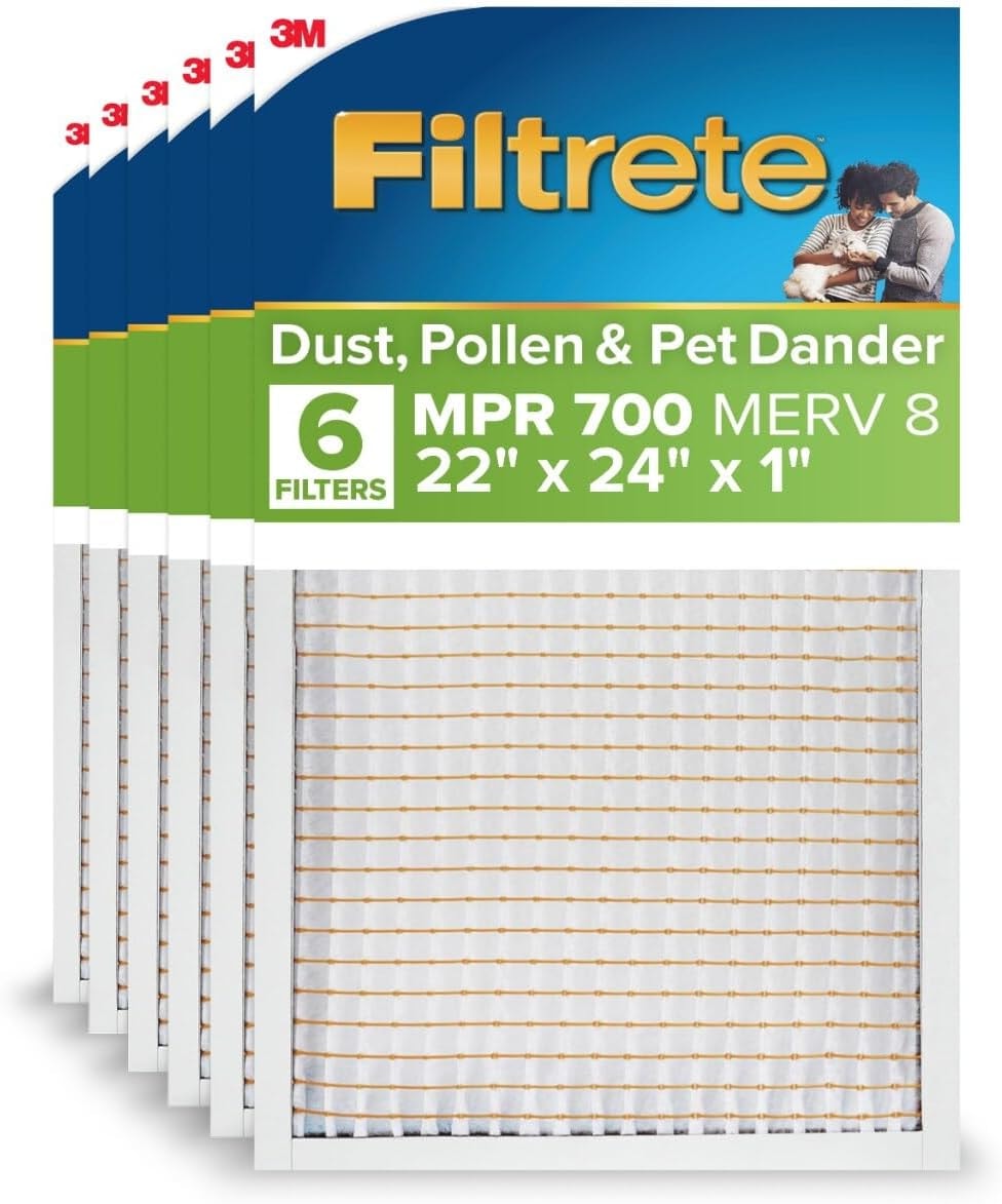 Filtrete 22x24x1 AC Furnace Air Filter, MPR 700, MERV 8, Tough on Pollen, Easy on Airflow, 3-Month Pleated 1-Inch Electrostatic Air Cleaning Filter, 6-Pack (Actual Size 21.69 x 23.69 x 0.81 in)