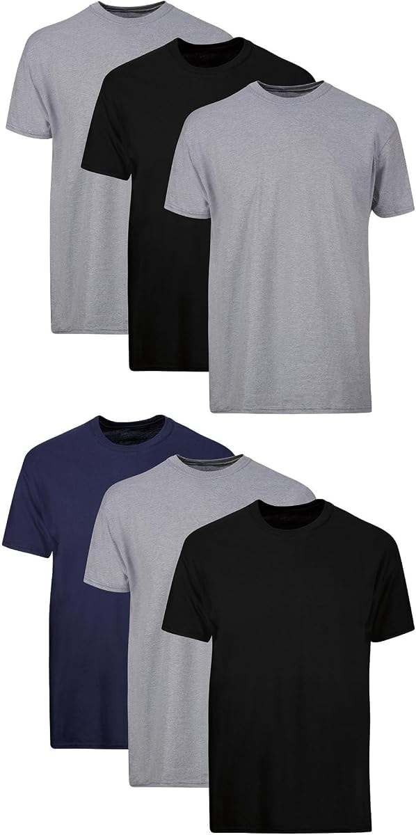 Hanes Mens Cotton, Moisture-wicking Crew Tee Undershirts, Multi-packs, Black/Grey/Blue Assorted - 6 Pack, X-Large US