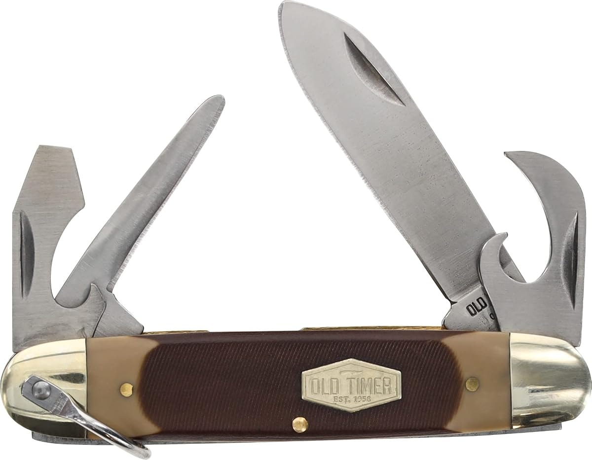 Old Timer 23OT Scout Knife 6.1in Folding Pocket Knife with 4 High Carbon Stainless Steel Blades, Ergonomic Sawcut Handle, and Convenient Size for EDC, Hunting, Camping, Carving, Whittling, and Outdoor