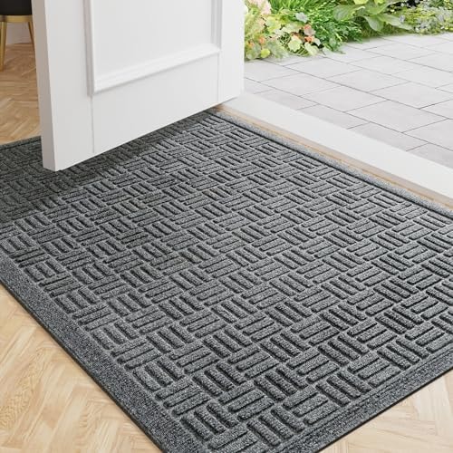 Mibao Front Door Mat Outside Entrance, 29.5" x 17", Heavy Duty Welcome Mat, Stain and Fade Resistant, Dirt Trapper Doormat, Super Absorbent Indoor Outdoor Entryway Mat with Non-Slip Backing, Gray