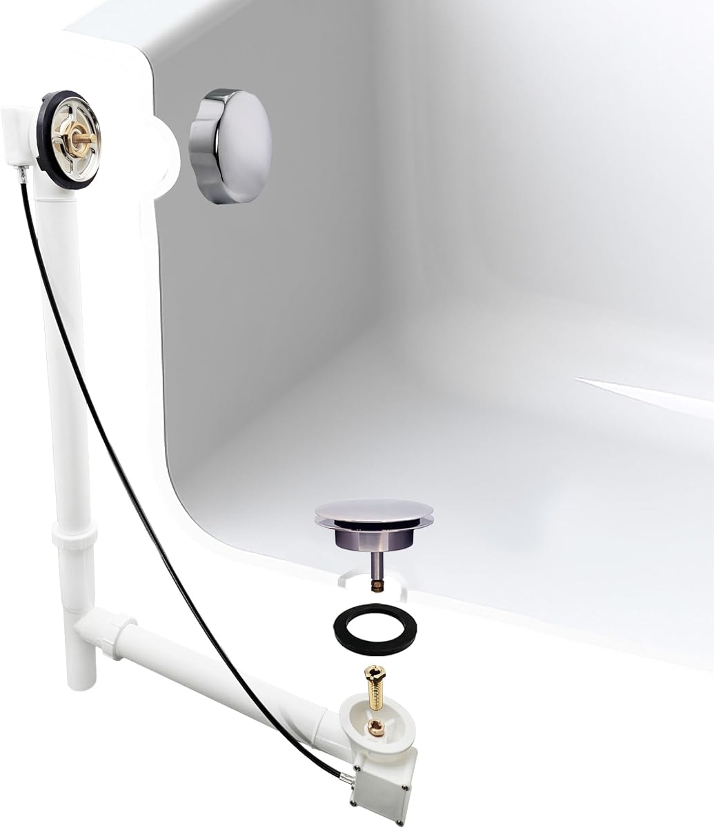 Westbrass A50P35TLE-26 35" Cable Drive Bath Drain Trim Kit with Rotary Overflow Cover Knob, European Stopper and Poly Tubular Pipes, Polished Chrome