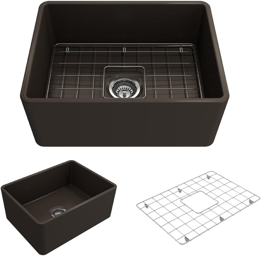 BOCCHI Classico Farmhouse Apron Front Fireclay 24 in. Single Bowl Kitchen Sink with Protective Bottom Grid and Strainer in M. Brown