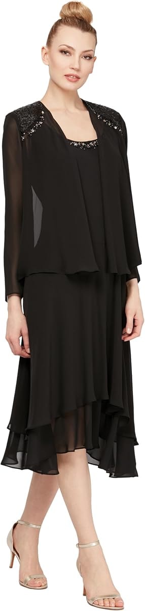 S.L. Fashions Women's Embellished Neckline & Shoulder, Mother of The Bride Jacket Dress (Petite and Regular Sizes), Black, 18