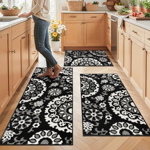 Yamaziot Washable Kitchen Rug Sets of 3 Textured Non Slip Kitchen Mat, Black