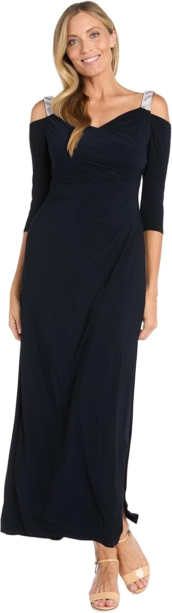 R&M Richards Women's Long Off Shoulder Formal Dress W/Rhinestone Straps, Sweetheart Neckline & Side Slit
