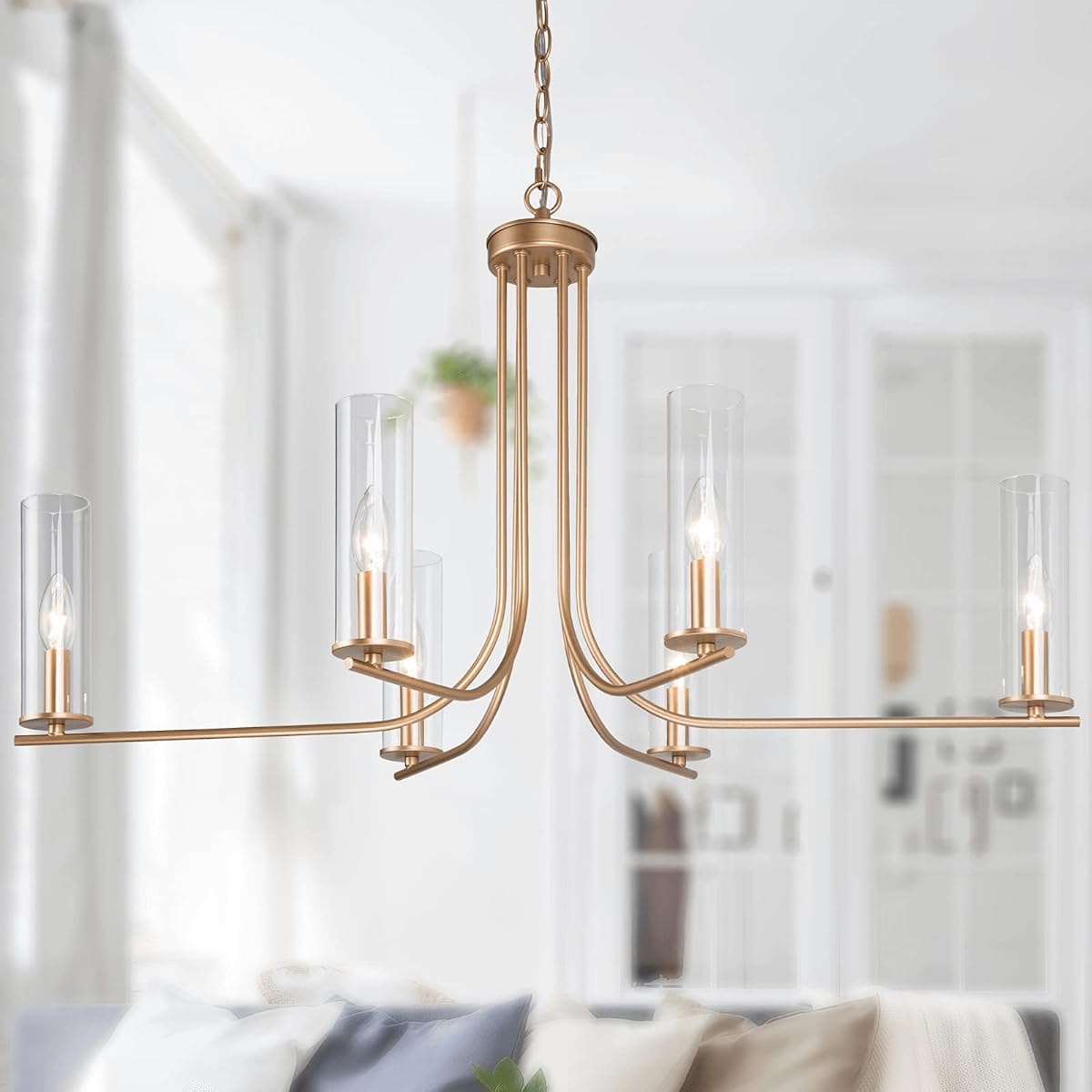 Durent Lighting Gold Chandelier Light Fixture, Modern 6-Light Candelabra Chandelier with Clear Glass Shades, 36”Wx21”H Large Ceiling Hanging Light for Dining & Living Room, Bedroom, Kitchen Island