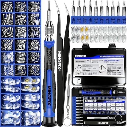 Eyeglass Sunglass Repair Kit,MINGFIX Magnetic Eye Glasses Repairing Tool Kit with Assorted Screws,Nose Pads,Small Screwdriver Bit Set & Tweezer with Mini Travel Case for Glasses,Sunglasses and Others