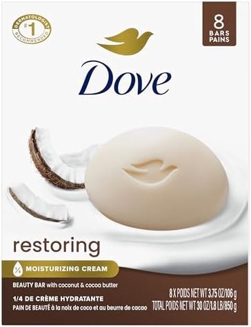 Dove Restoring Beauty Bar Soap 8 Count, Coconut & Cocoa Butter, 3.75 oz I Moisturizing beauty bar with coconut and cocoa butter for soft, nourished skin
