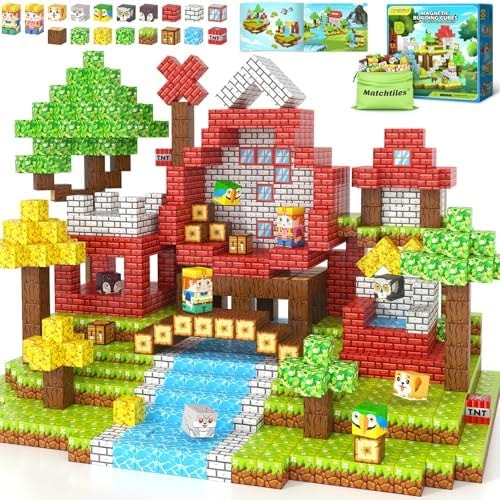 Matchtiles 100 PCS Magnetic Building Blocks, Mine World Forest Animals Set, Magnet Cube Construction Toys for Kids Age 3-8, STEM Sensory Gift for Boys & Girls