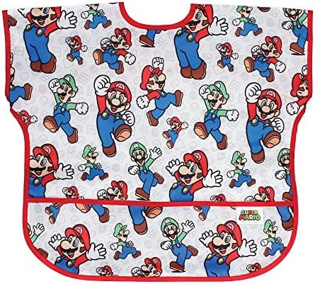 Bumkins Short Sleeve Bib for Girl or Boy, Toddler and Kids for 1-3 Years, Large Size, Essential Must Have for Junior Children, Eating, Mess Saving Soft Fabric Apron for Play, Nintendo Mario and Luigi