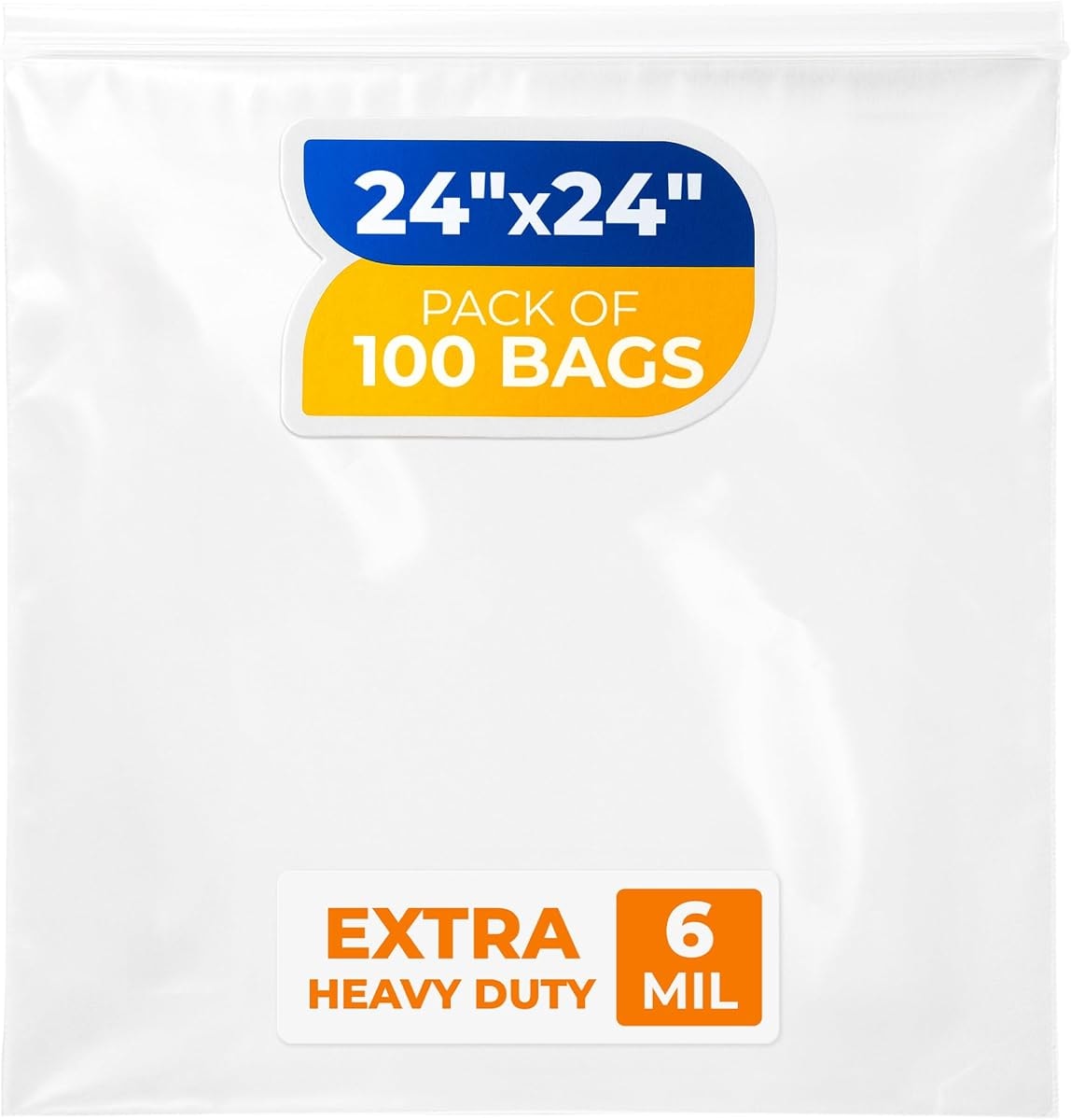 24" x 24" Reclosable Plastic Zip Bags, Pack of 100, 6 Mil Heavy-Duty Clear Poly Bags, Resealable for Food, Clothes, Hardware, Jewelry