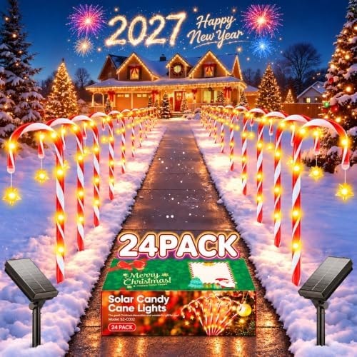 24 Pack Solar Candy Cane Lights Outdoor, Christmas Decorations, 10 Modes