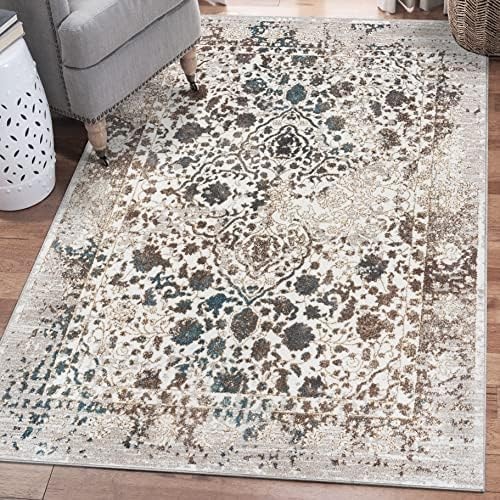 Luxe Weavers Rug Distressed Floral Oriental Area Rug, Non-Shedding Stain Resistant Rug, Cream 5x7 (6495 Cream 5x7 B)