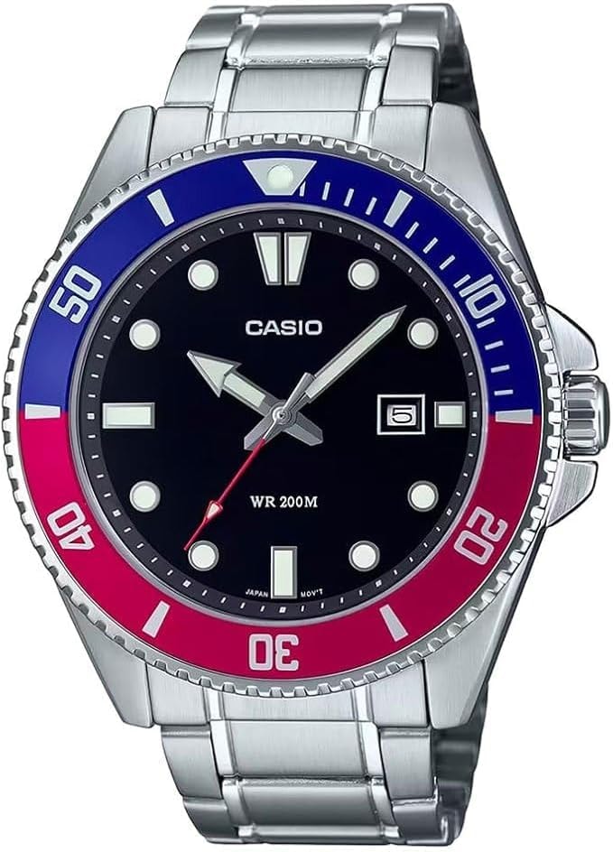 Casio MDV106 Series | Unisex Analog Watch | Blue/Red/Silver | 200M WR | Stainless Steel | 3 Hand Analog | Date Display | Screw Down Crown/Screw Down Caseback | 3 Year Battery