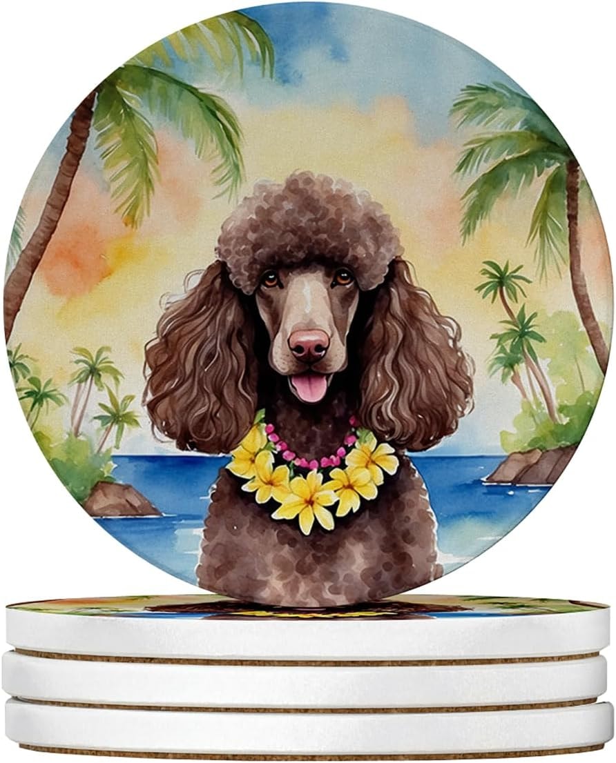 Caroline's Treasures Chocolate Poodle Luau Large Sandstone Coasters Pack of 4 Absorbent Round Coasters Decor Gifts for Men or Women, 4 in, Multicolor