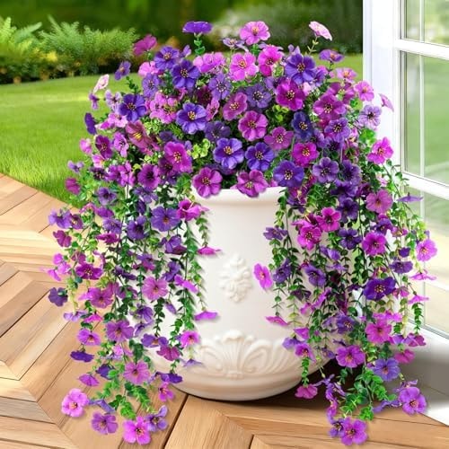 2 Pcs Artificial Hanging Flowers, UV Resistant Fake Flowers, Double Purple