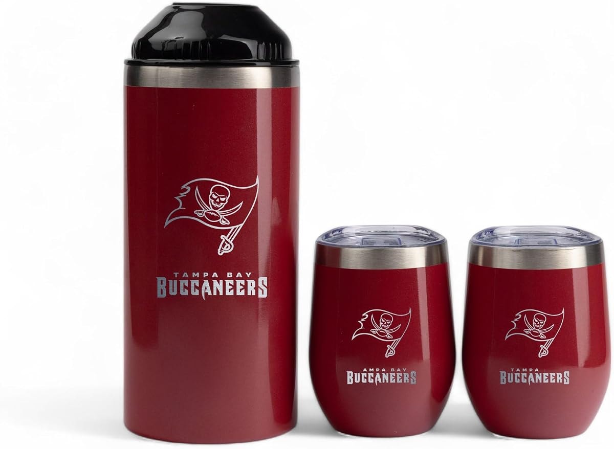 The Memory Company Officially Licensed Wine Bottle Chiller with 2 Ceramic Lined 12oz. SS Stemless Wine Tumblers, Tampa Bay Buccaneers