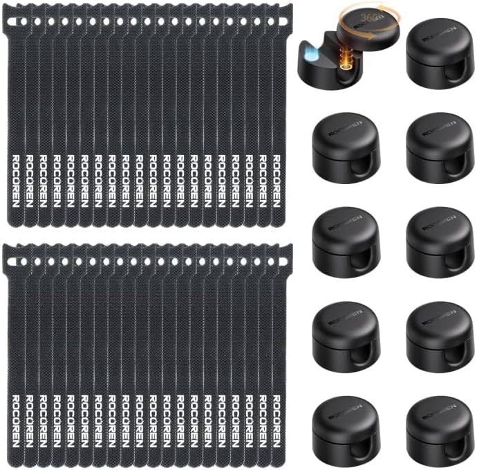 Rocoren 50‑Pack Rotatable Cable Clips & Cord Straps Cable Management Kit