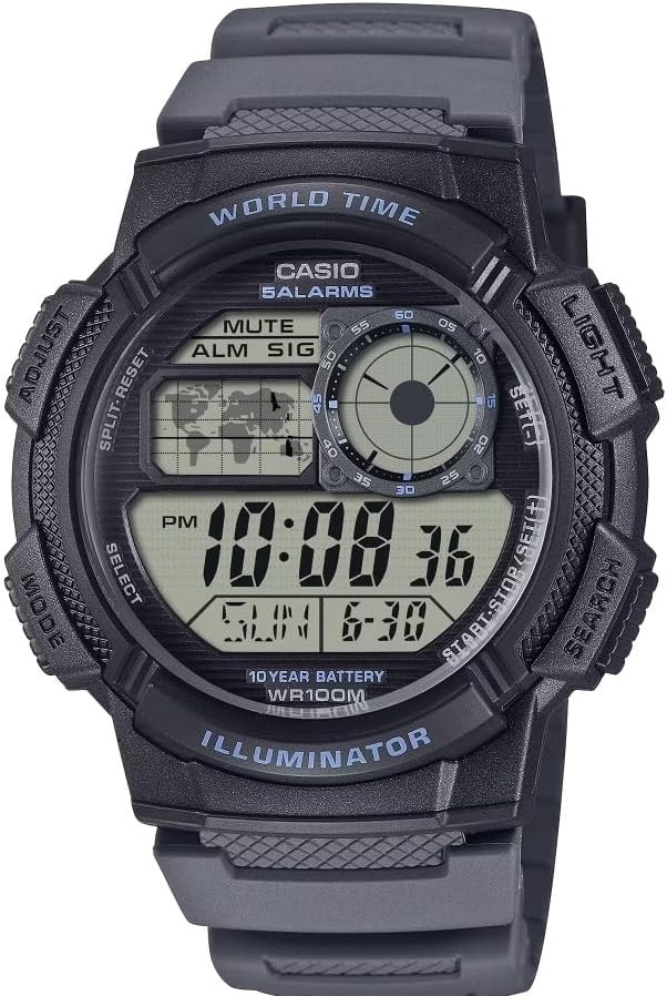 Casio AE-1000W Series | Men’s Digital Watch | Black/Black| 100M WR | World Time | Multi Time Display | Countdown Timer | Stopwatch | LED Backlight | Auto Calendar | 5 Alarms | 10 Year Battery