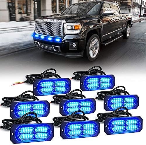 Xprite Blue 20 LED Surface Flush Mount Grille Strobe Lights Kit, Deck Dash Grill Side Marker Caution Light for Construction Towing Snow Plow Pickup Work Trucks Cars 8PCS