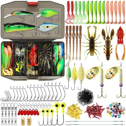 TRUSCEND Complete Fishing Lures - Tackle Box with Tackle Included - Crankbaits, Minnows, Frogs, Vibes, Poppers, Spinners, Spoons, Soft Baits, Hooks & Weights Accessories Kit for Bass Panfish Trout