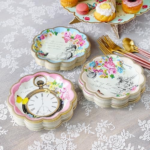 Talking Tables 60 x Alice in Wonderland Paper Plates 6.7inches Pretty Disposables Side Plates dor Mad Hatter Tea Party, Birthday, Baby Shower, Mother's Day Afternoon Tea