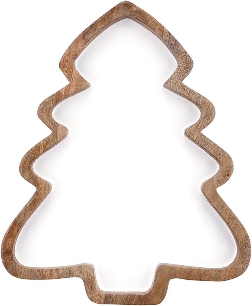 Santa Barbara Design Studio Mango Wood and Enamel Christmas Tree Shaped Platter, Large 13.75"