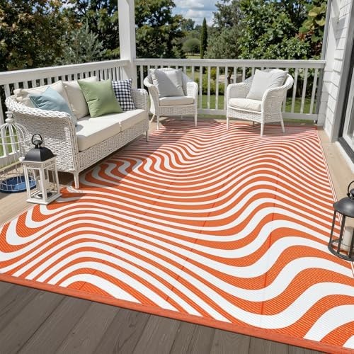 Vaukki Waterproof Outdoor Rug 6x9, Orange Striped Patio Mat