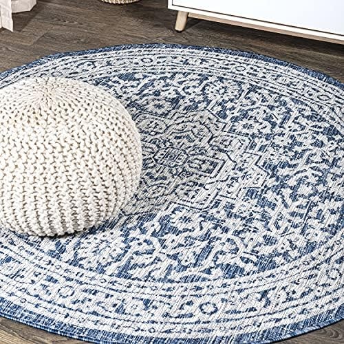 JONATHAN Y Medallion Weave Indoor Outdoor Round Area Rug 4 Ft Navy/Gray, Sinjuri Textured for Backyard, Patio, Porch, Easy-Cleaning, High Traffic, Pet-Friendly, Non-Shedding (SMB101B-4R)