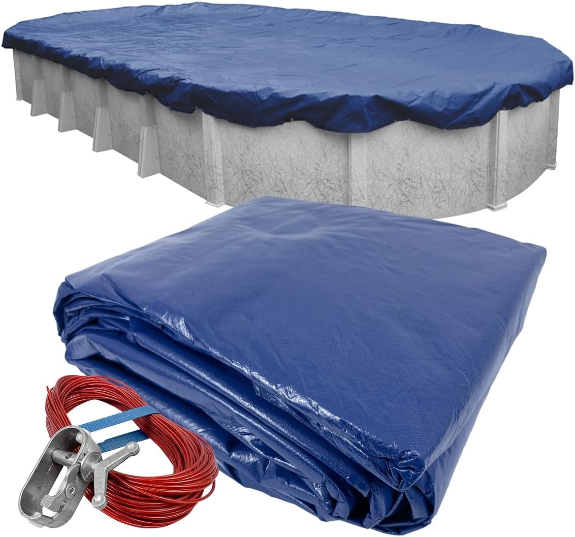 Pool Mate 12 x 24 ft Extra-Strength Blue Winter Oval Pool Cover for Above Ground Pools, 4 ft Overlap (16 x 28 ft Cover Size), Solid 12 x 12 Scrim, 3.7 oz/yd2, 15-Year Warranty, Style: 271224-4PM