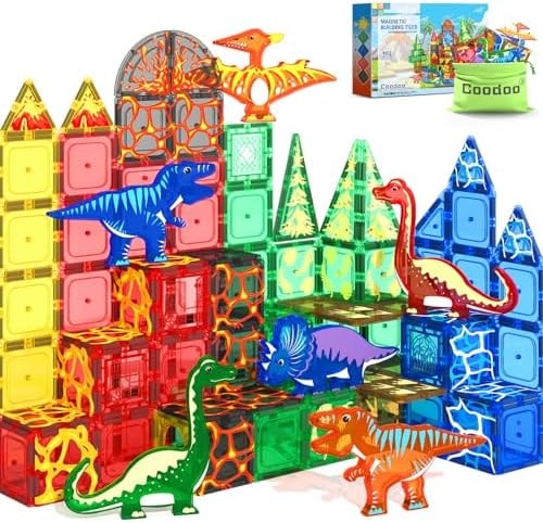 102PCS Dinosaur Toys Magnetic Tiles with 8 Dinosaurs - Jurassic Scenes Toys