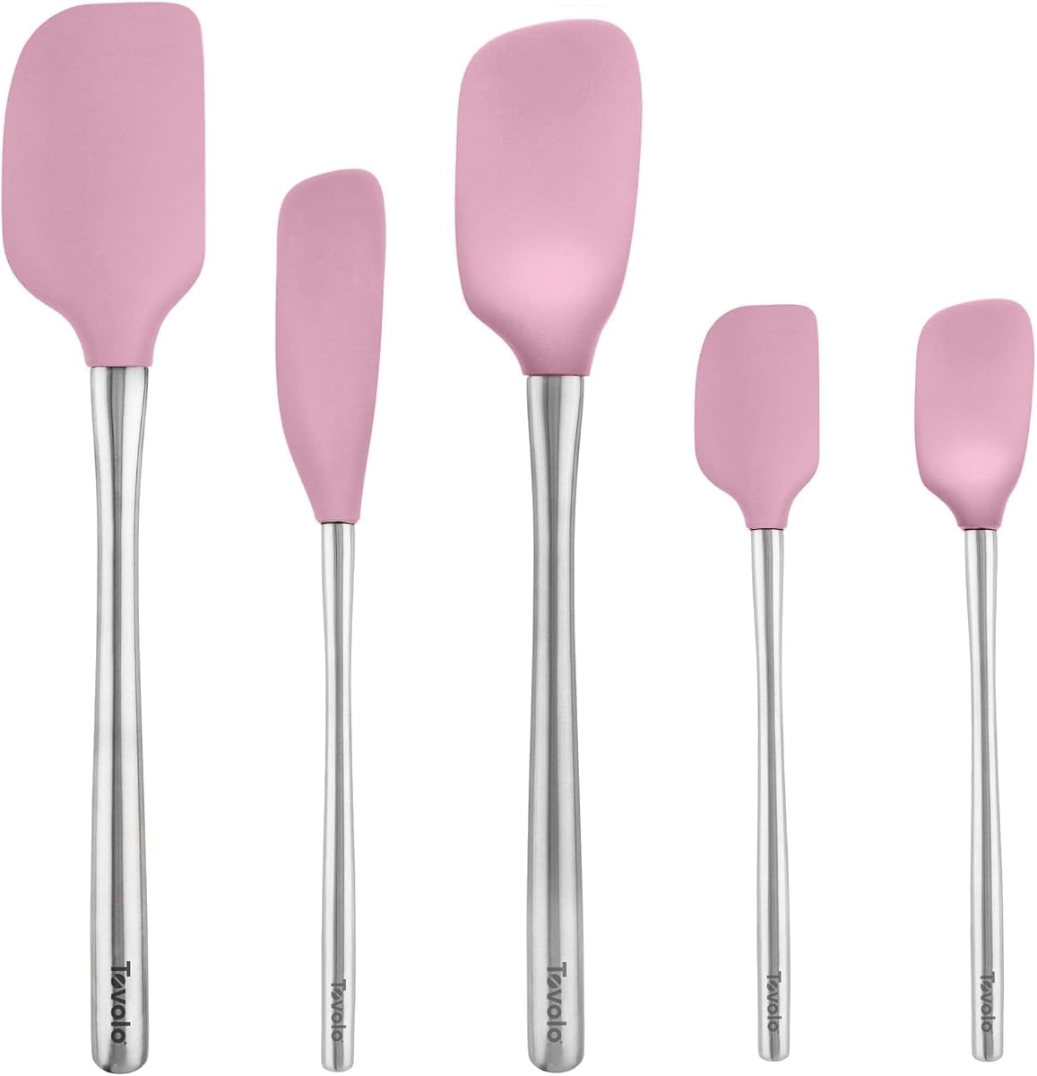 Tovolo Stainless Steel Handled Silicone Spatula Set of 5 Pink Sorbet, Dishwasher Safe Kitchen Spatula Set for Cooking Baking, Non Toxic BPA Free Silicone Spatula set with Metal Steel Handle