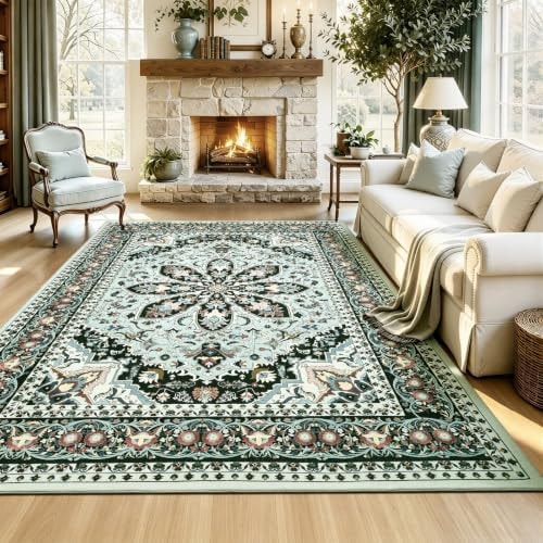 UKISS Washable Rugs Mats,Ultra Soft Faux Wool Memory Foam Rug for Bedroom, 5'x7' Non Slip Large Area Rugs for Living Room ,Low Pile Boho Carpets for Home Office,Green
