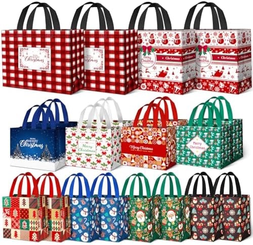 BlessedSeason 20 Pack Christmas Gift Bags Assorted Sizes, Reusable Tote Bag with Handle, Includes 4 Large 8 Medium 8 Small Goodie Bags for Her He