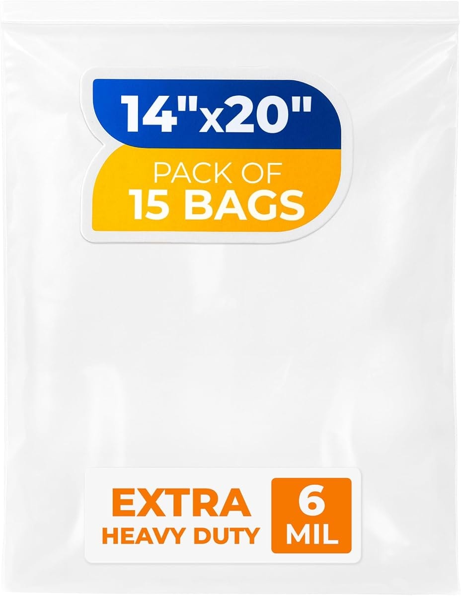 Paclord 14" x 20" Large Zip Seal Lock Bags, 6 Mil (Pack of 15) – Heavy-Duty Reclosable Plastic Bags – Clear, Resealable, Waterproof – For Storing and Organizing Clothes, Jewelry, and Travel Items