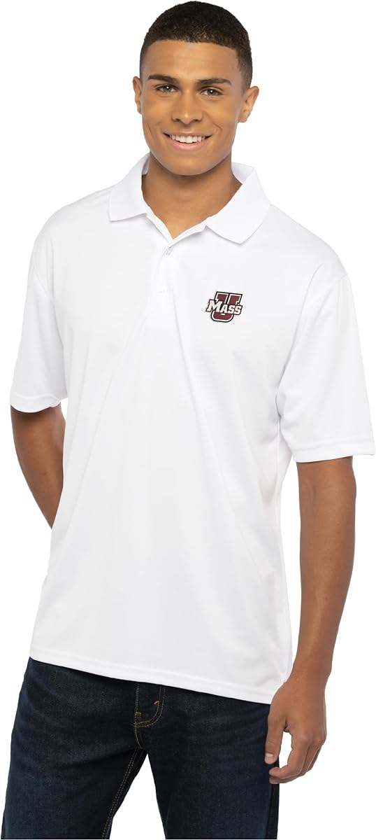 Vantage Apparel Men's Collegiate Premium Moisture Wicking White Icon Polo, Massachusetts Minutemen, X-Large