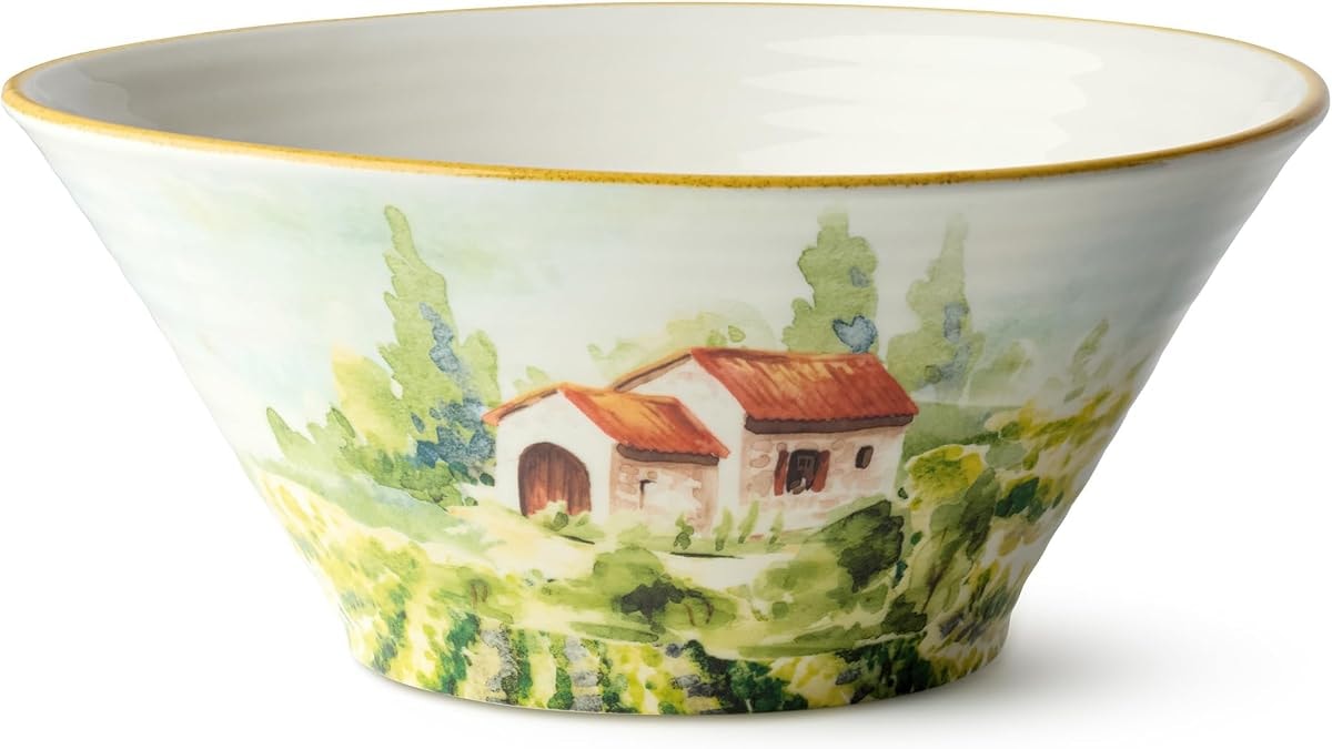 Tuscany Deep Stoneware Bowl for Pasta, Salad, or Serving – 11-Inch Scenic Italian Vineyard Design with 5-Inch Depth – Rustic Hand-Painted Look for Gatherings & Décor