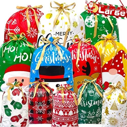21PCS Christmas Gift Bags, Large Xmas Drawstring Gift Bags Assorted Sizes