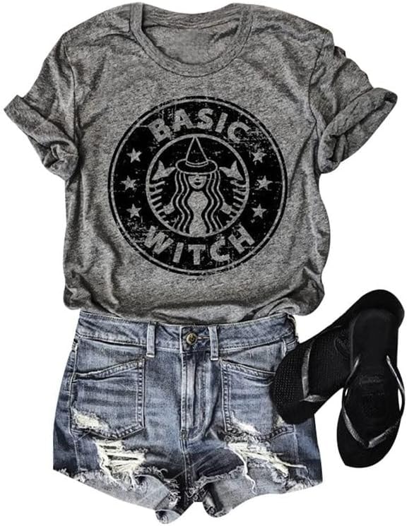 Halloween Shirts for Women Basic Witch Coffee Letter T Shirt Vintage Witches Graphic Tees Fall Halloween Party Tops